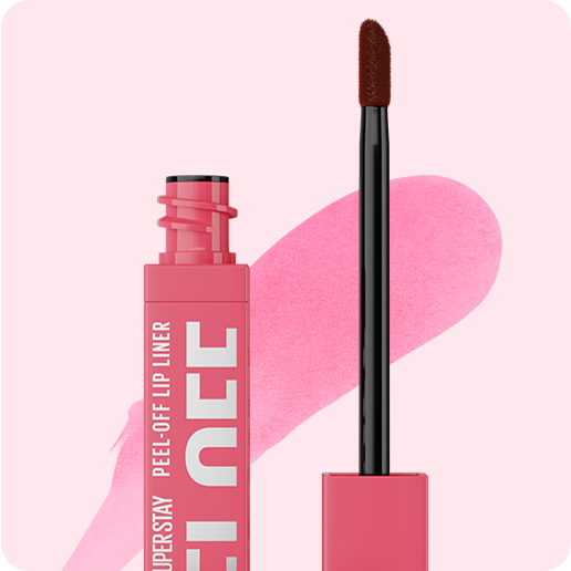 Packshot of open Super Stay Peel-Off Lip Liner in shade Dawn with a textured formula swatch behind it