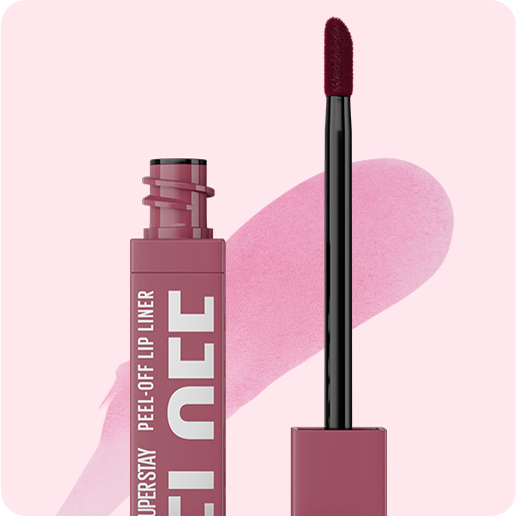 Packshot of open Super Stay Peel-Off Lip Liner in shade Sunset with a textured formula swatch behind it