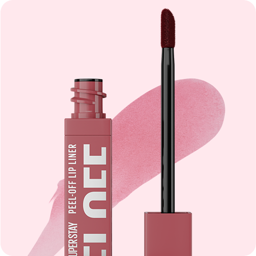 Packshot of open Super Stay Peel-Off Lip Liner in shade Haze with a textured formula swatch behind it