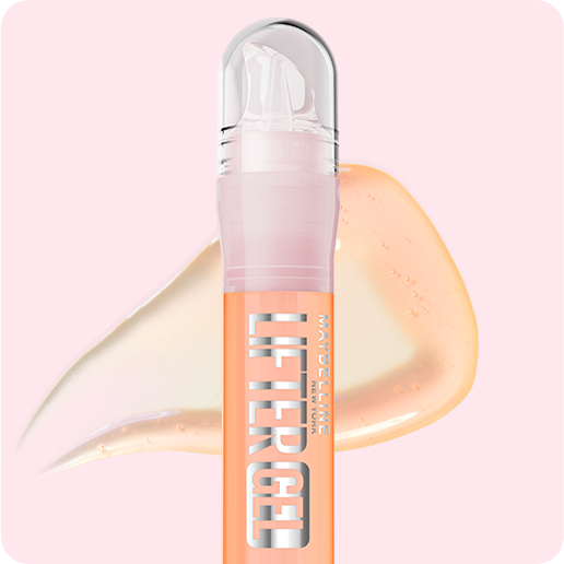 Packshot of Lifter Gel Lip Gloss in shade Passion Juice with a textured formula swatch behind it