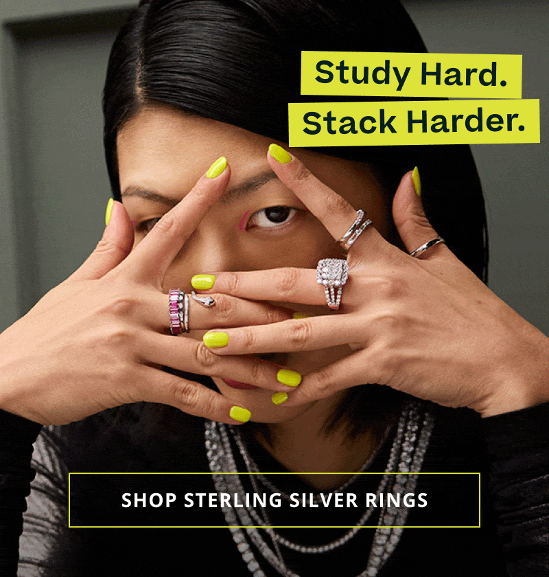 Rotating focus on silver-set ring stacks & necklaces with diamond accents. Click here to shop sterling silver rings
