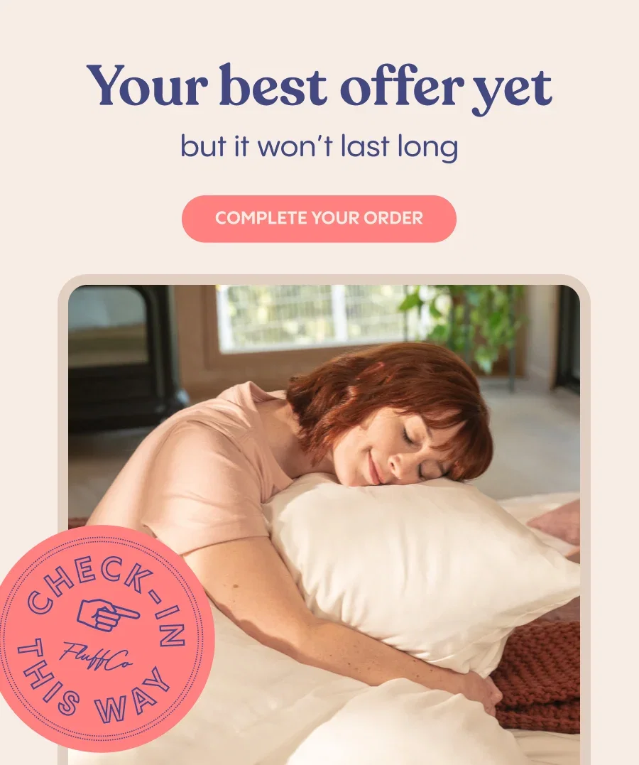 A medium shot shows a woman with red hair sleeping on a white pillow, with text above reading 'Your best offer yet but it won't last long' and a pink ...