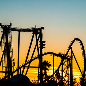 The roller coaster ShieKra at sunset at Busch Gardens
