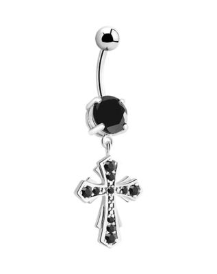 Black CZ Titanium Cross Pendant Belly Ring - 14 Gauge