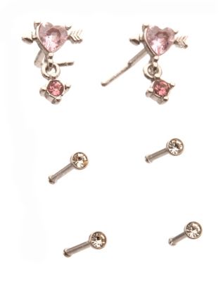 Multi-Pack Lovestruck Heart Dangle and Basic Nose Pins 6 Pack - 20 Gauge
