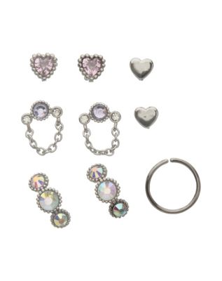 Multi-Pack CZ Pink and Purple Chain Nose Pins and Hoops 9 Pack - 20 Gauge