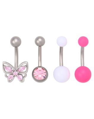 Multi-Pack CZ Titanium Pink Butterfly Belly Rings 4 Pack - 14 Gauge