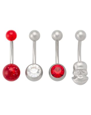 CZ Red Titanium Skull 4 Pack Belly Rings - 14 Gauge