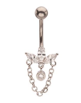 ASTM F-136 Titanium Silvertone CZ Fan Cluster Chain Dangle Belly Ring - 14 Gauge