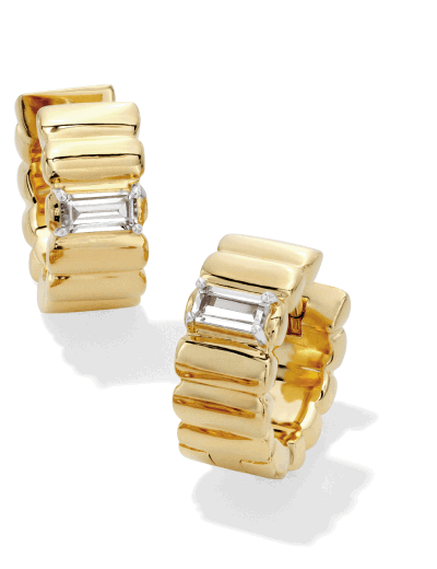 Yellow gold ribbed hoop earrings with emerald-cut diamond detail.