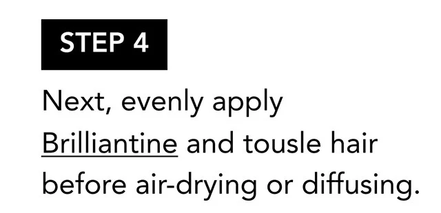STEP 4 | Next, evenly apply Brilliantine and tousle hair before air-drying or diffusing.