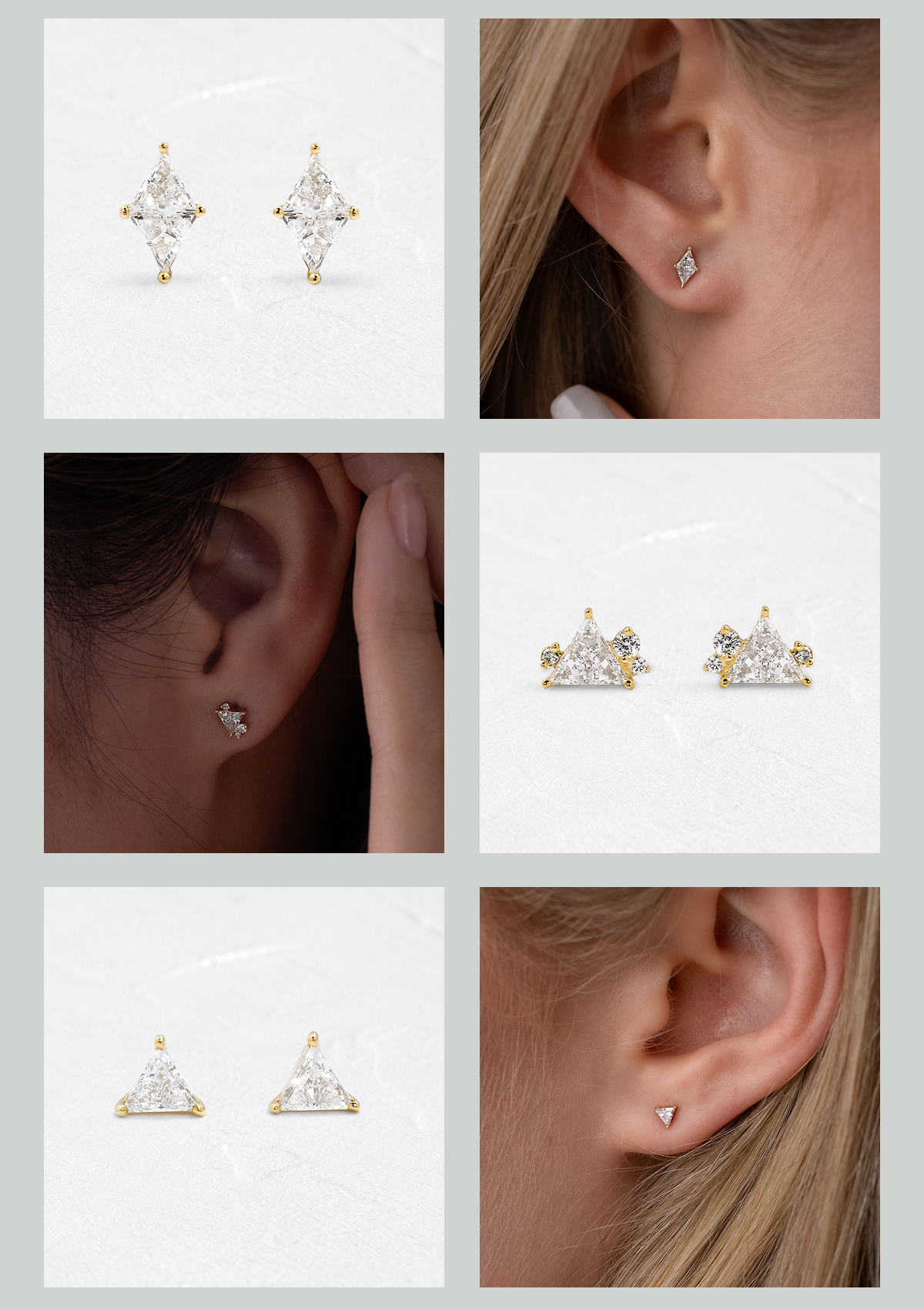 Overview of new earrings dropping this Friday, shown in a grid of photos of models wearing the earrings and close up photos of the products on textured white backgrounds.