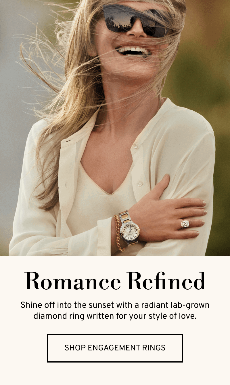 Model wearing sunglasses & lab-grown diamond ring. Romance Refined. Shine off into the sunset. Click to Shop Engagement Rings