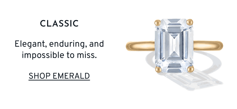 Emerald-cut diamond ring with yellow gold band. Classic. Elegant, enduring, and impossible to miss. Click to Shop Emerald