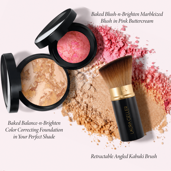Baked Blush-n-Brighten Marbleized Blush in Pink Buttercream | Baked Balance-n-Brighten Color Correcting Foundation in Your Perfect Shade | Retractable Angled Kabuki Brush