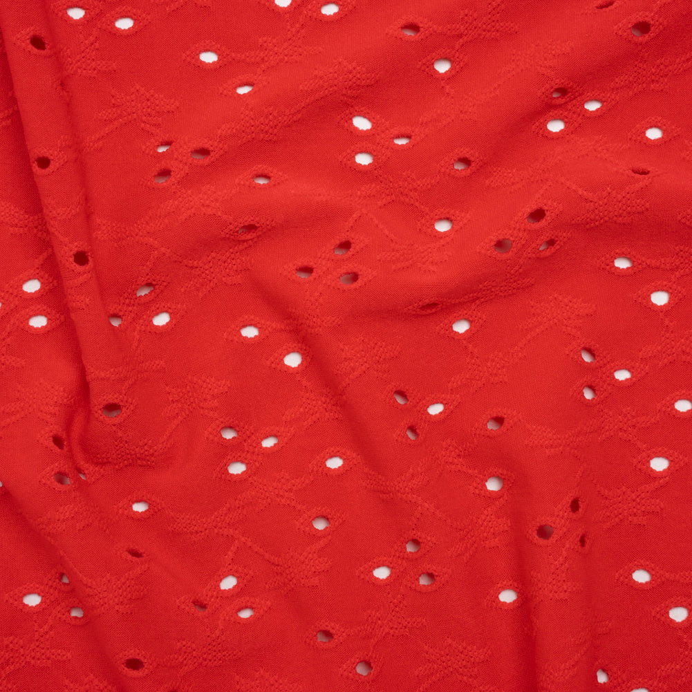 Image of Stretch Polyester Eyelet Jersey - Coral Red Tiny Flower Vines - Designer Deadstock