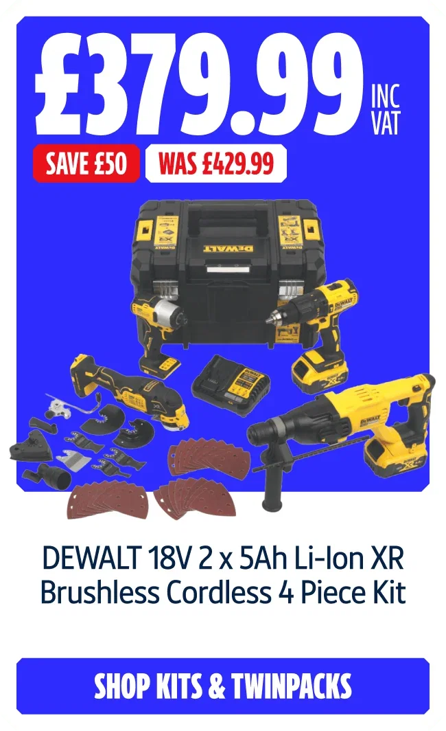 Save £50 on DEWALT 18V 2 x 5Ah Li-Ion XR Brushless Cordless 4 Piece Kit. Now £379.99 inc VAT Was £429.99. Shop Kits & Twinpacks