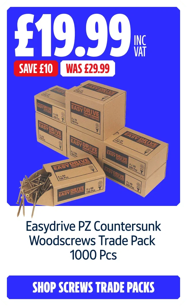 Save £10 on Easydrive PZ Countersunk Woodscrews Trade Pack 1000 Pcs. Now £19.99 inc VAT Was £29.99. Shop Screws Trade Packs.