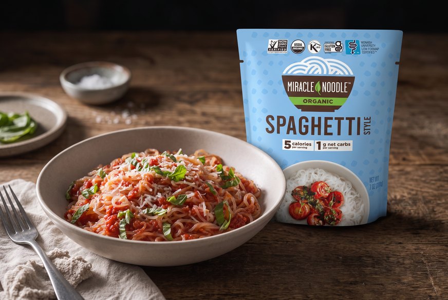 A pouch of Miracle Noodle konjac spaghetti on a kitchen counter