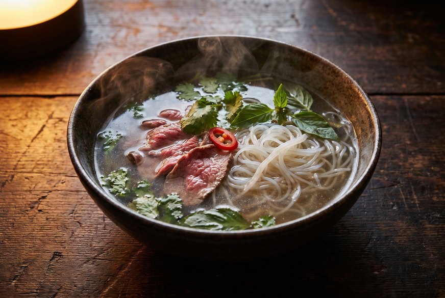 A bowl of pho with white konjac noodles and herbs