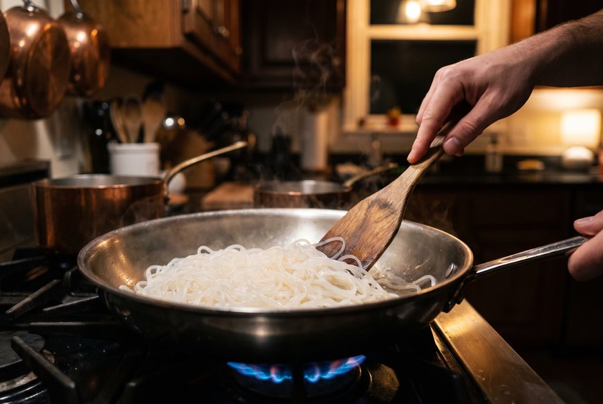 Noodles warming in a dry pan on the stove