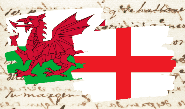 Split image showing the Welsh dragon flag on the left and the English St George's Cross flag on the right, with a parchment background featuring handwritten text.