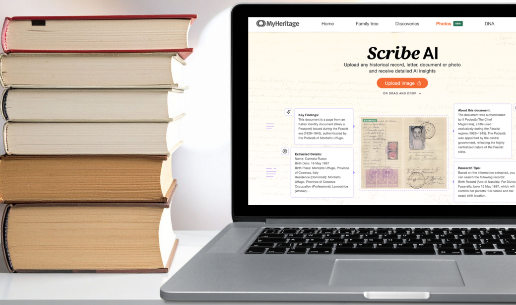 A stack of books sits next to a laptop displaying the MyHeritage Scribe AI webpage, which offers document analysis and historical insights from uploaded images.