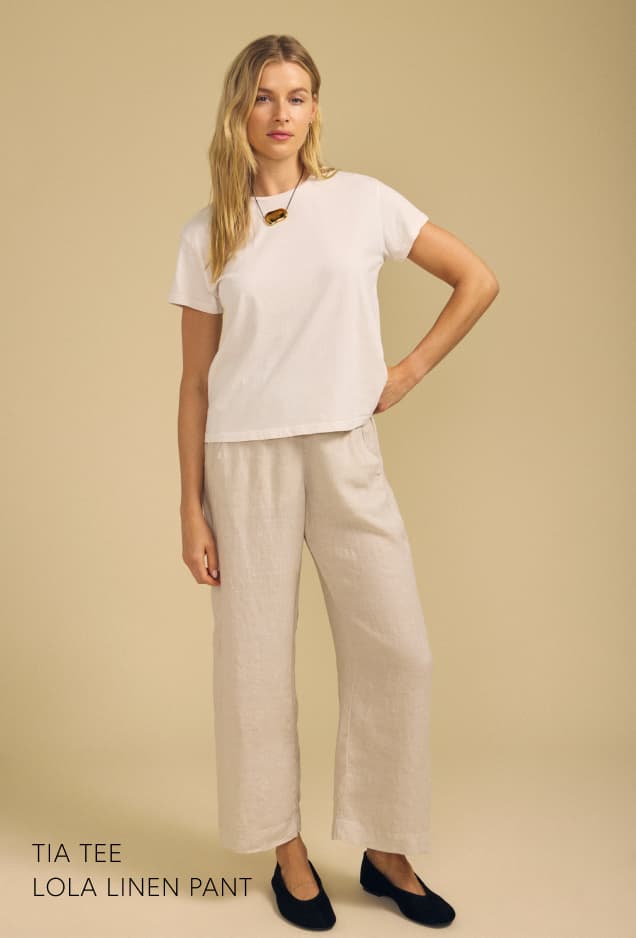 Image of model wearing Tia in Beach. Image of model wearing Lola in Cobble.