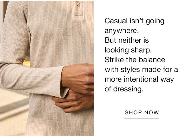 Close-up of a model wearing a neutral textured long-sleeve polo. Text reads: 