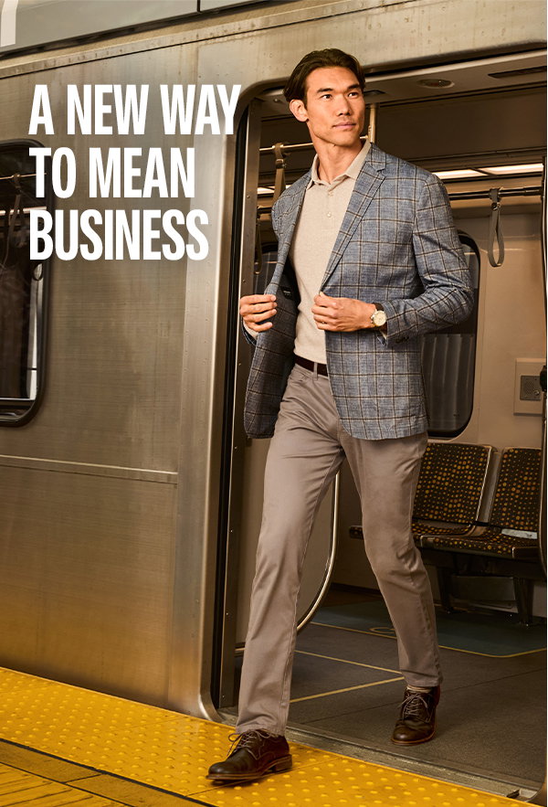 Model stepping off a Metro train wearing a blue plaid blazer, neutral polo, tailored pants, and brown dress shoes. Text reads: 