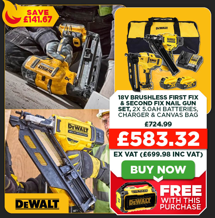 Dewalt DCK246P2 18V XR Brushless First Fix & Second Fix Nail Gun Set (DCN930 & DCN660), 2x 5.0Ah Batteries, Charger & Large Canvas Bag