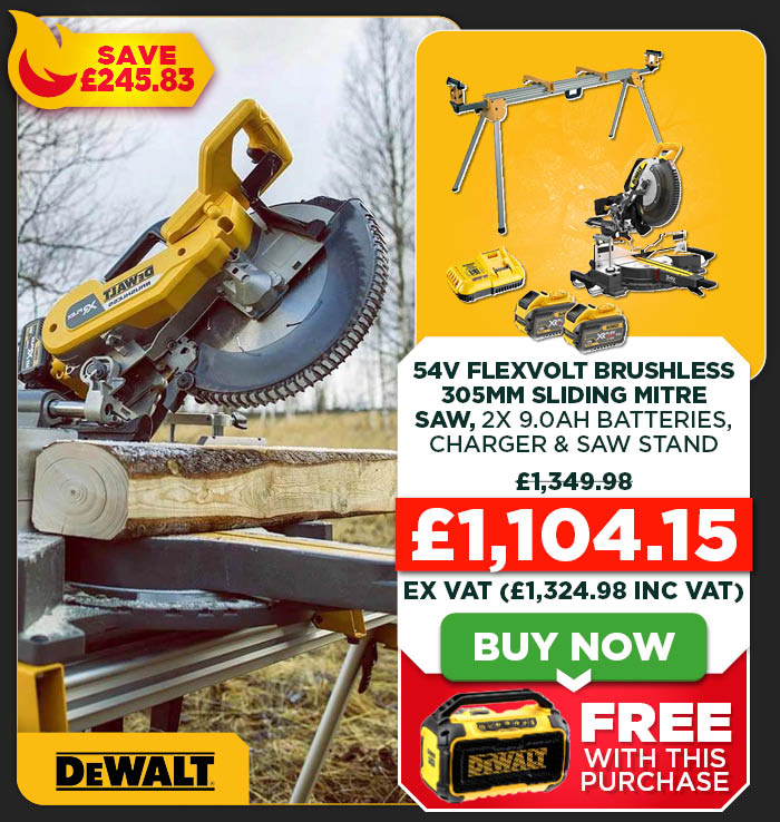 Dewalt DCS781X2 54V XR FLEXVOLT Brushless 305mm Sliding Mitre Saw, 2x 9.0Ah XR FLEXVOLT Batteries, Charger & DE7023 Universal Extendable Saw Stand