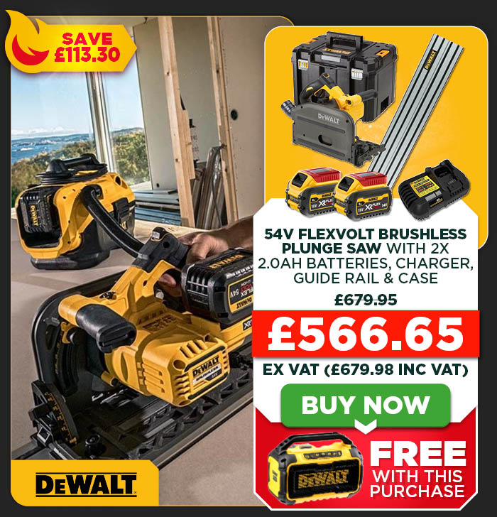 Dewalt DCS520T2 54V XR FLEXVOLT Brushless Plunge Saw with 2x 2.0Ah 54V (6.0Ah 18V) XR FLEXVOLT Batteries, Charger, Guide Rail & Case