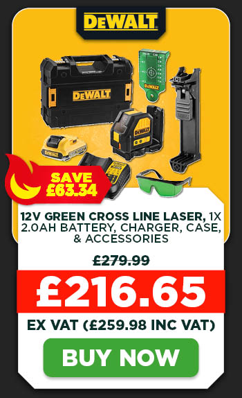 Dewalt DCE088D1G 12V XR Green Cross Line Laser, 1x 2.0Ah Battery, Charger, Case, Wall Mount Bracket, Safety Glasses & Target Card