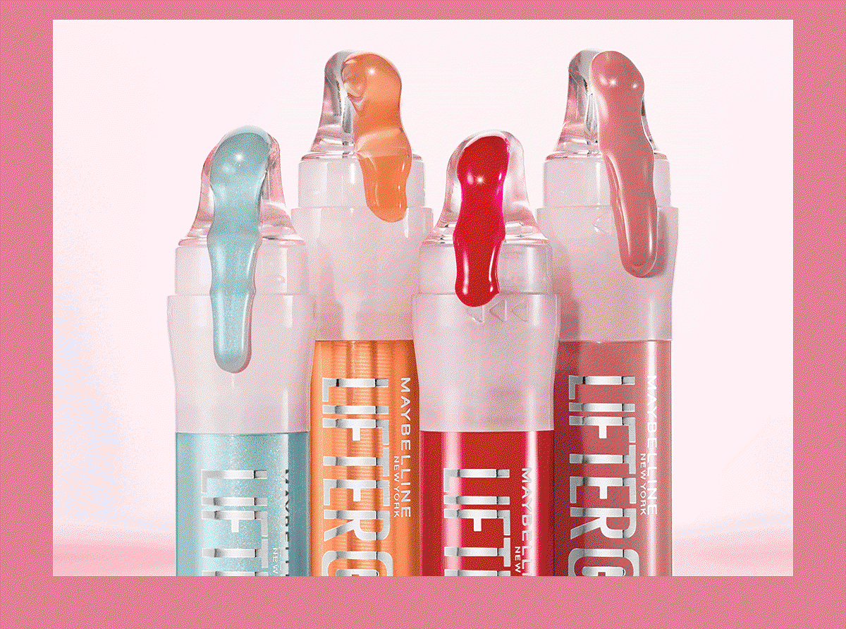 Animated GIF transitioning between two lifestyle scenes featuring Maybelline Super Stay Peel-Off Lip Liner and Lifter Gel Lip Gloss pairings, showcasing glossy color, easy application, and finished lip looks.