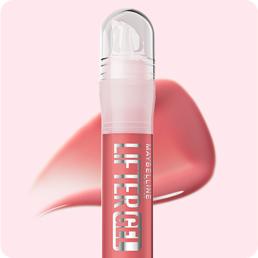 Packshot of Lifter Gel Lip Gloss in shade Strawberry Shake with a textured formula swatch behind it