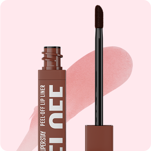 Packshot of open Super Stay Peel-Off Lip Liner in shade Aura with a textured formula swatch behind it