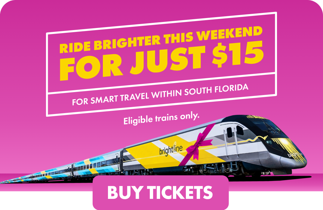 Promotional graphic advertising Brightline train travel within South Florida. A modern Brightline passenger train with colorful yellow and magenta graphics is shown against a bright pink and purple background. Large text highlights a weekend fare of just $15 and notes that the offer applies to eligible trains only. A prominent pink button at the bottom invites viewers to buy tickets