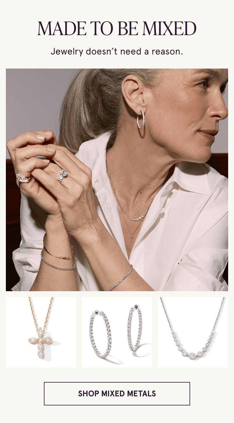 A model wearing gold diamond jewelry with close ups of the same styles below. Made to be mixed. Click to shop mixed metals