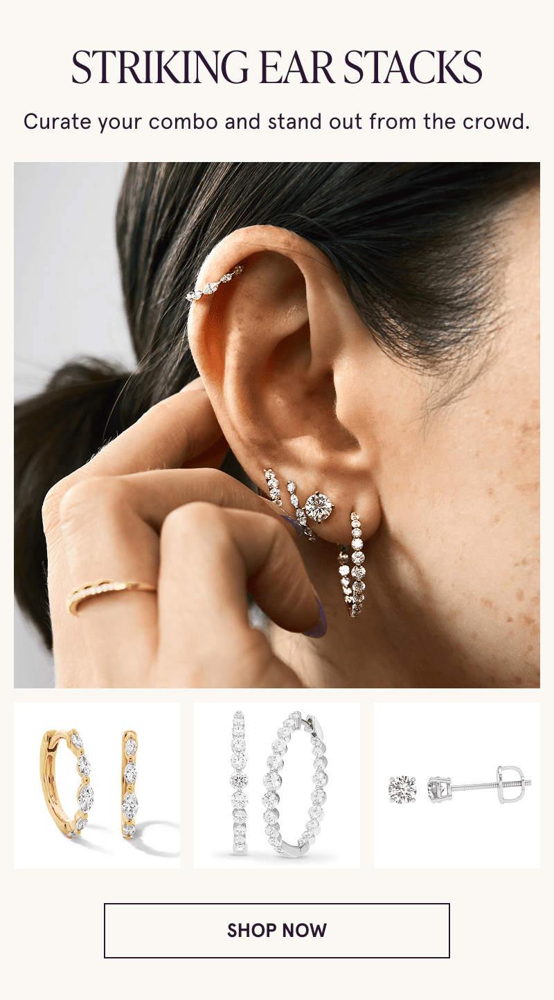 A model wearing 3 diamond hoops and a diamond stud, close ups of earrings below. Curate a combo. Click here to shop now
