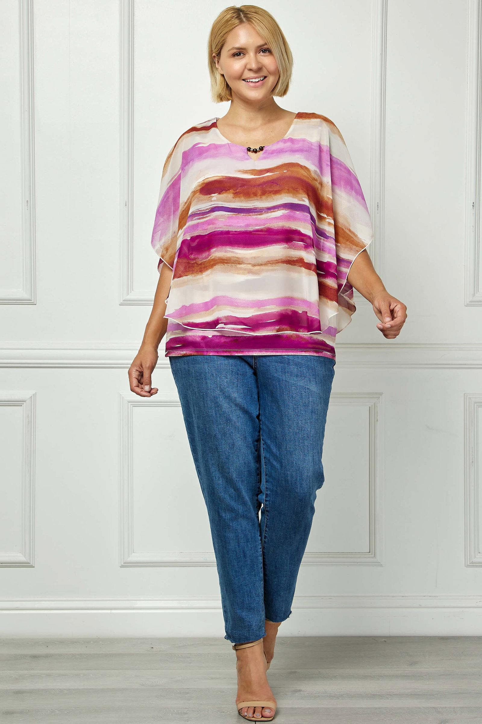 Image of Scoop Neck Cutout Trim Poncho Top in Tan/Purple/Brown - Plus