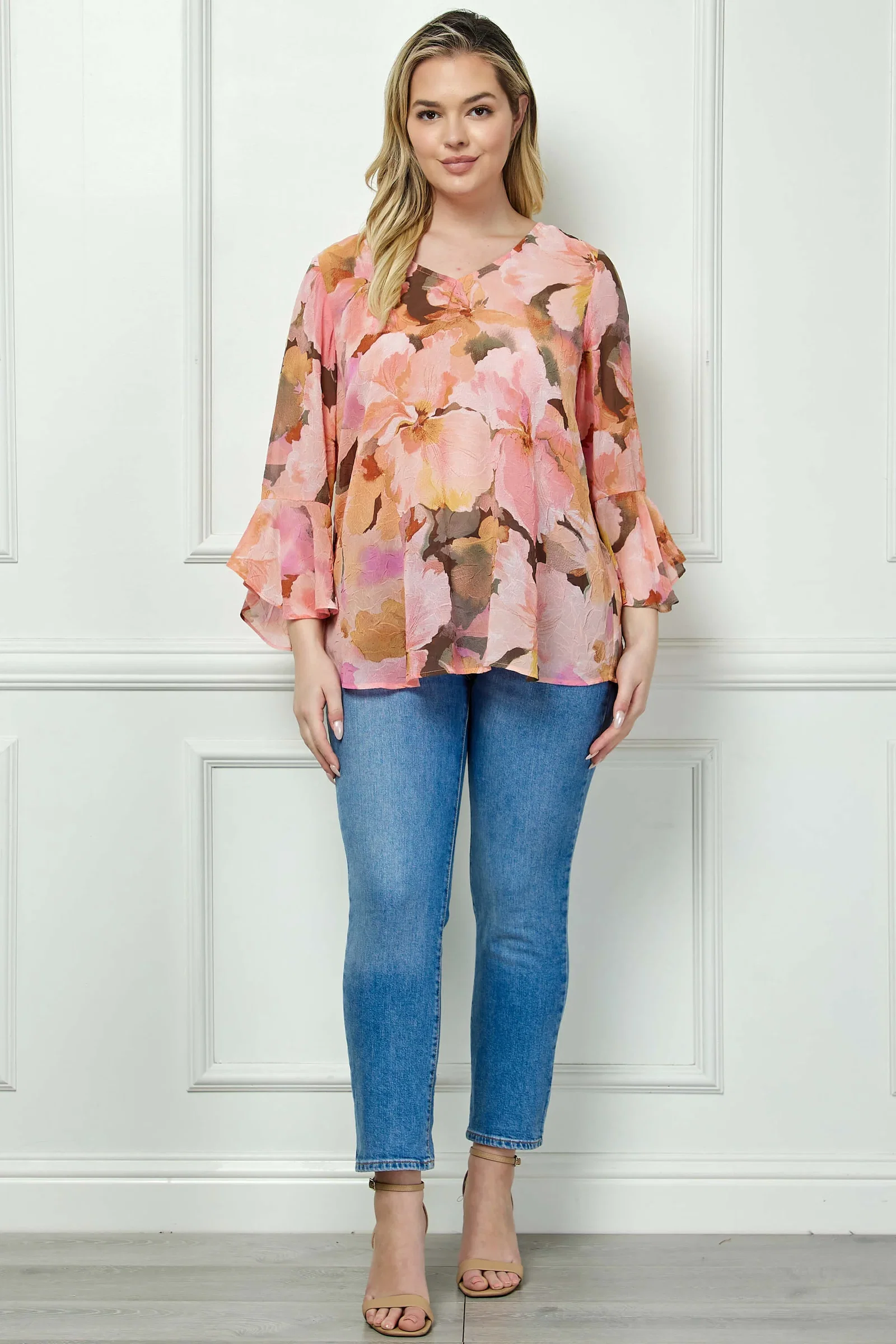 Image of 3/4 Ruffle Sleeve V-Neck Swing Blouse in Yellow/Peach/Brown - Plus