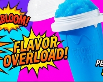 Blue slush in a Slushy Maker with colorful flavor overload graphics