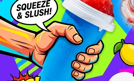 Hand squeezing a blue Slushy Maker filled with red slush