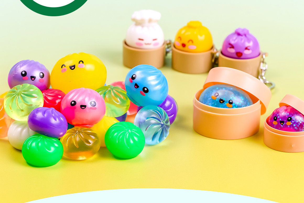 Image of many different sizes and colors of squishy toys