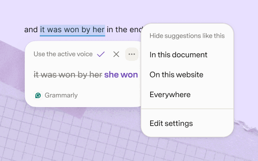 Text editor suggests changing passive to active voice.