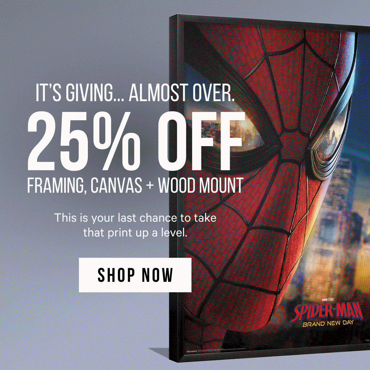 It’s Giving…Almost Over. 25% Off Framing, Canvas & Wood Mount: This is your last chance to take that print up a level.