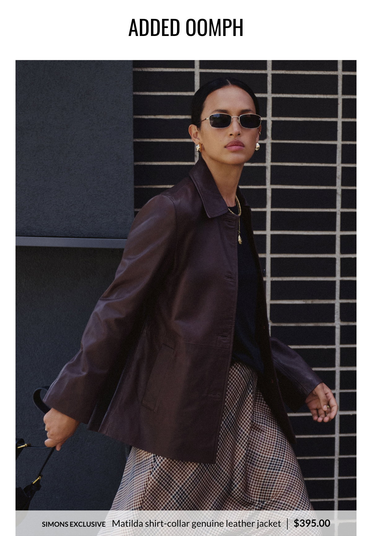 Added Oomph. Woman wearing the Matilda shirt-collar genuine leather jacket at 395$