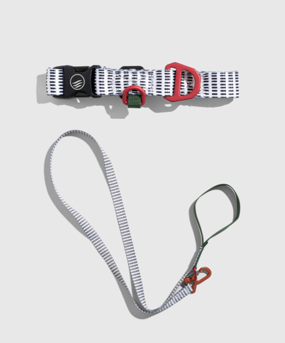 United By Blue Recycled Woven Dog Collar and Leash in Shortbread, shown together