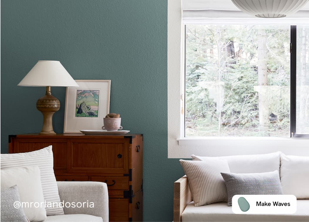 Living room featuring blue green paint color Make Waves